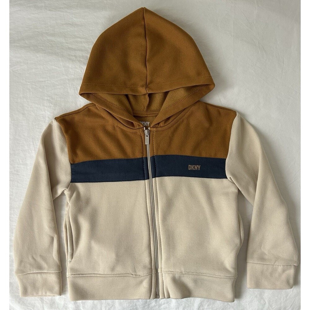 DKNY Boys Colorblock Full Zip Fleece Hoodie Brown Cream Blue Size 5 - NWOT